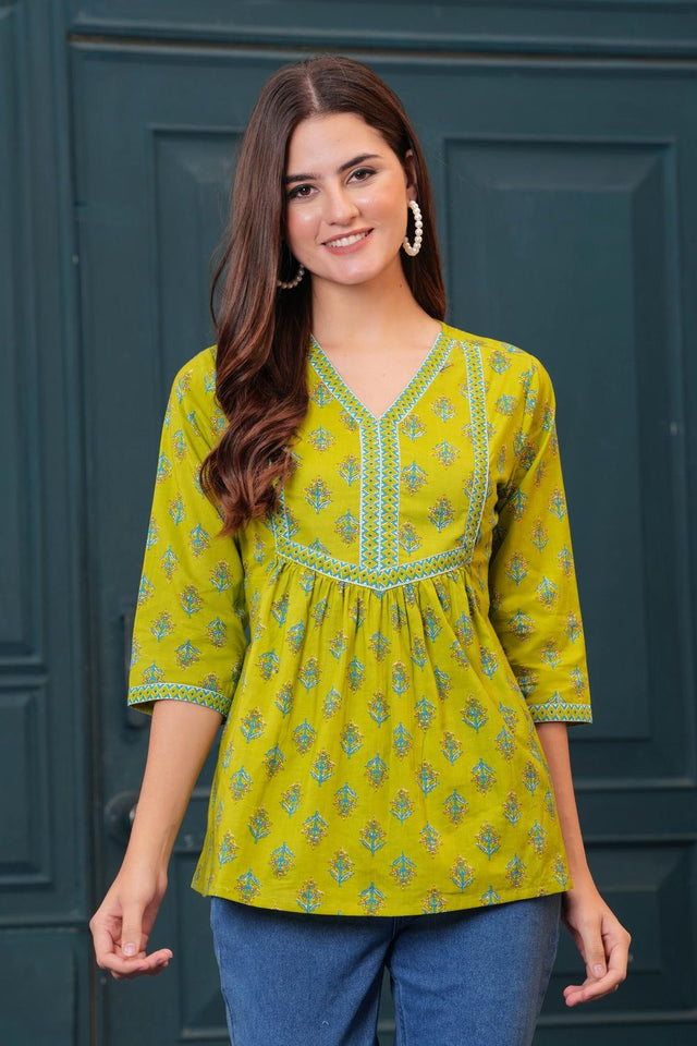 Green Printed Cotton Tunic (AM-HKS1004)