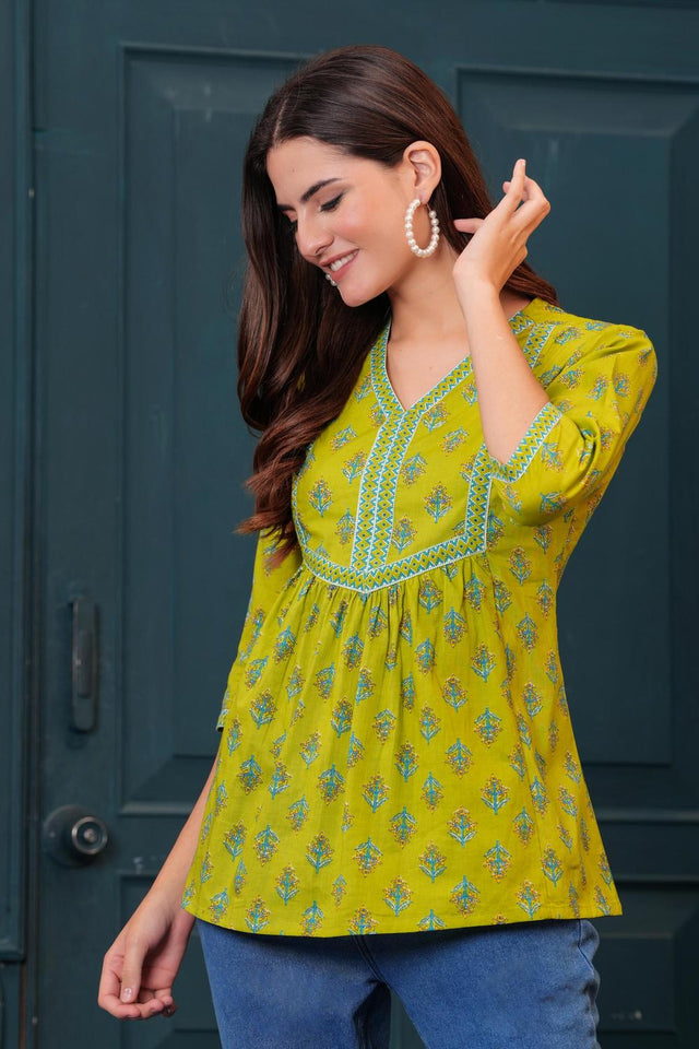 Green Printed Cotton Tunic (AM-HKS1004)