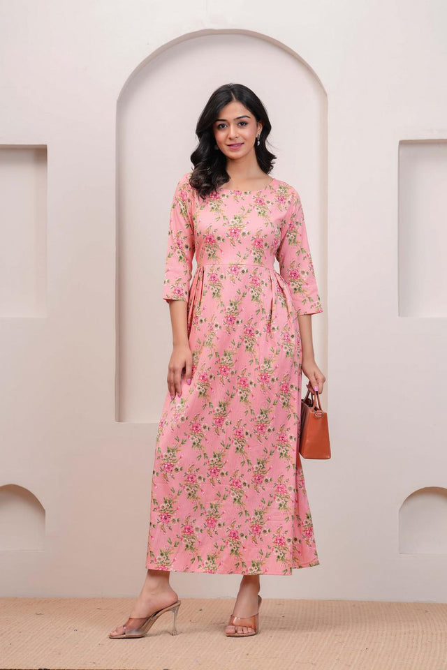 Peach Printed Polyester Dress (AM-HKS1021)