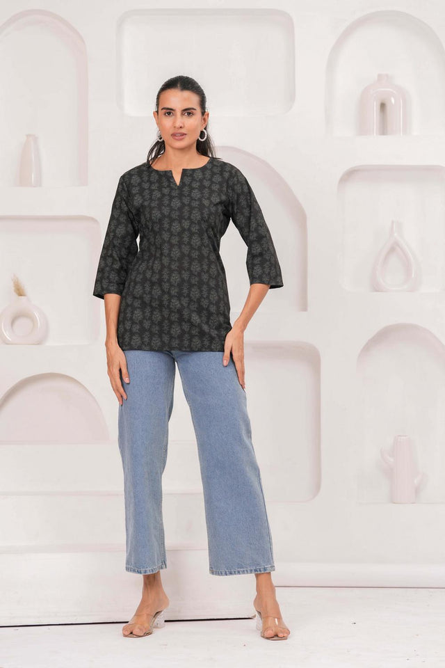 Black Printed Cotton Tunic (AM-HKS1059)