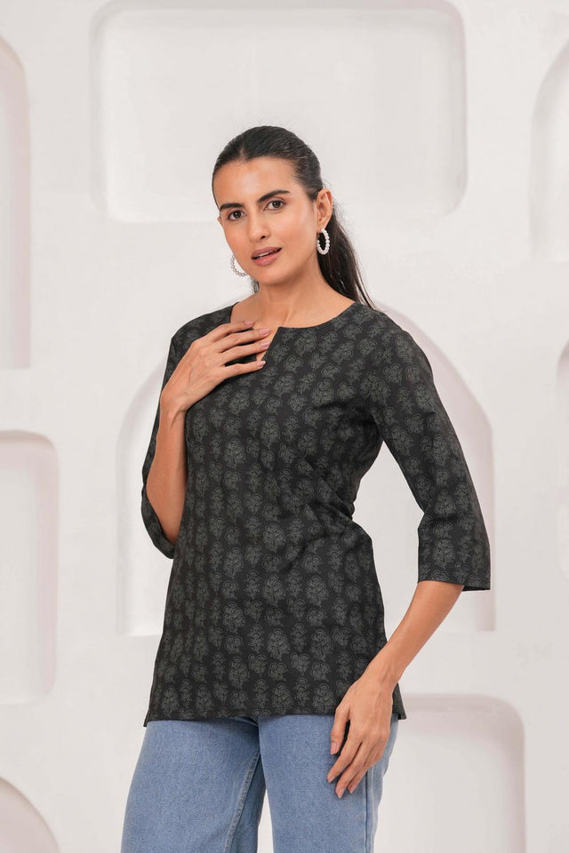 Black Printed Cotton Tunic (AM-HKS1059)