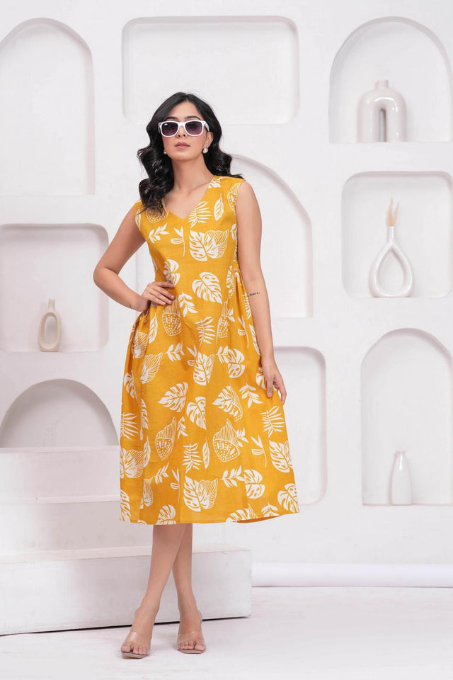 Yellow Printed Cotton Dress (AM-HKS1065)