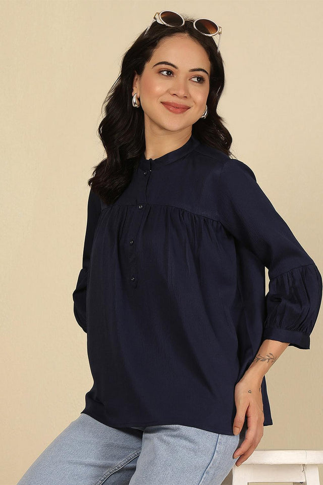 Navy Blue Solid Polyester Top (AM-HKS1068)