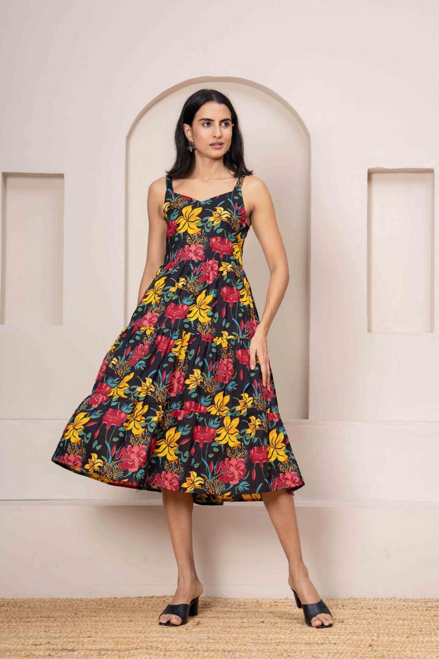 Black Printed Cotton Dress (AM-HKS1075)