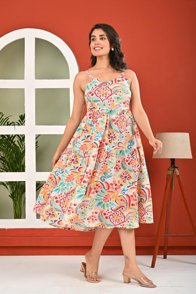 Multi Color Printed Cotton Dress (AM-HKS1096)