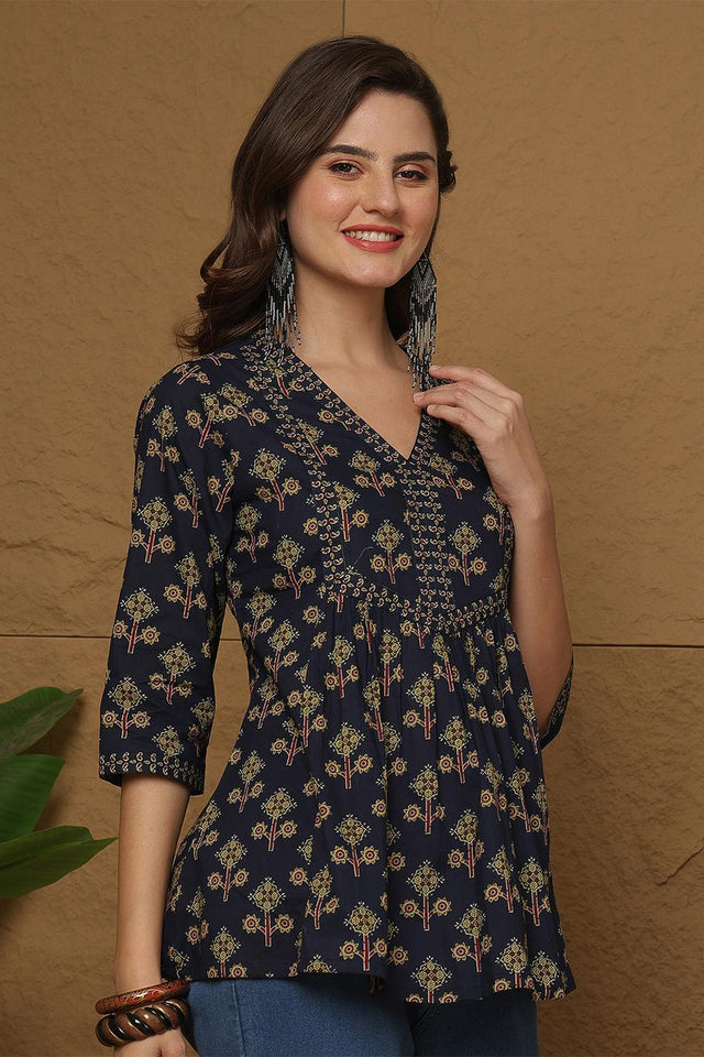 Blue Printed Cotton Top (AM-HKS1108)