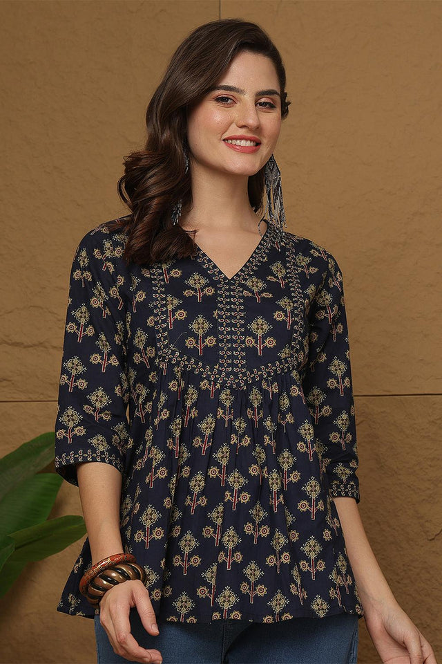 Blue Printed Cotton Top (AM-HKS1108)