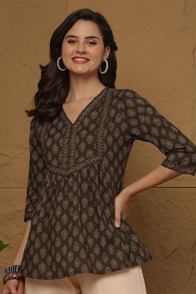 Brown Printed Cotton Top (AM-HKS1109)