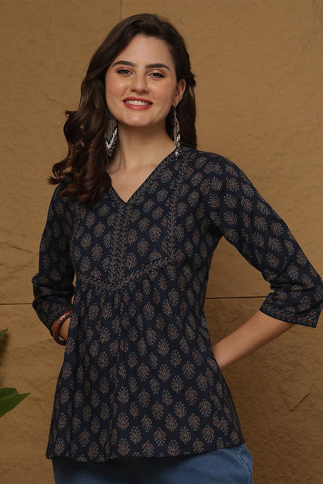 Blue Printed Cotton Top (AM-HKS1110)