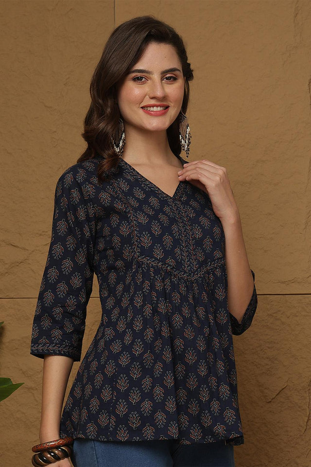 Blue Printed Cotton Top (AM-HKS1110)