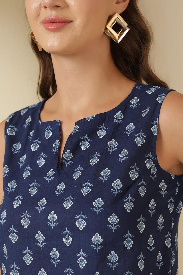 Blue Printed Cotton Top (AM-HKS1125)