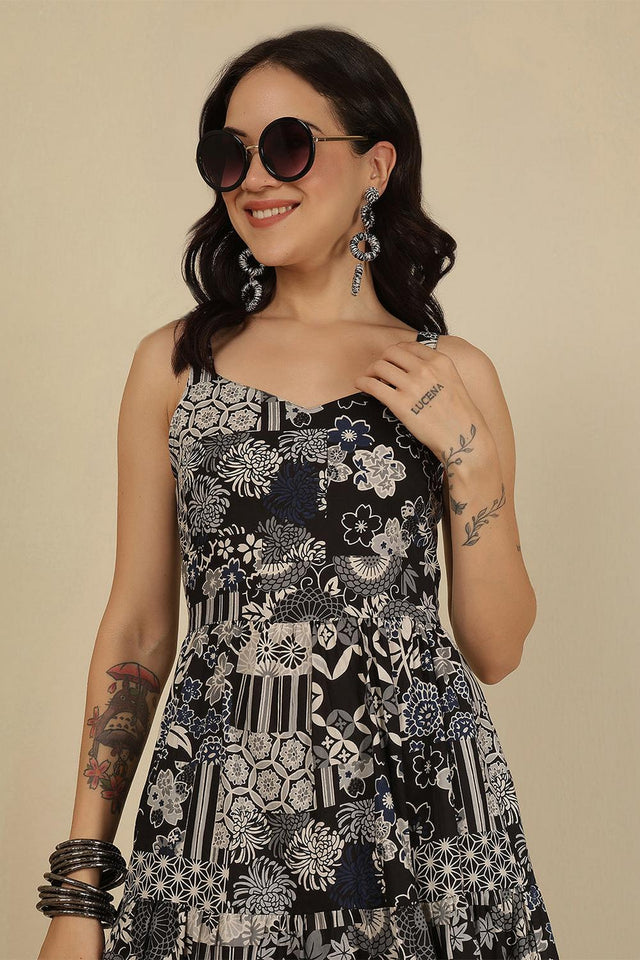 Black Printed Cotton Dress (AM-HKS1158)