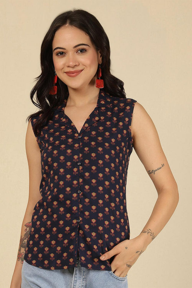 Blue Printed Cotton Top (AM-HKS1163)