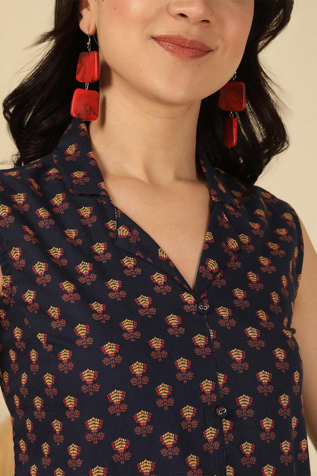 Blue Printed Cotton Top (AM-HKS1163)