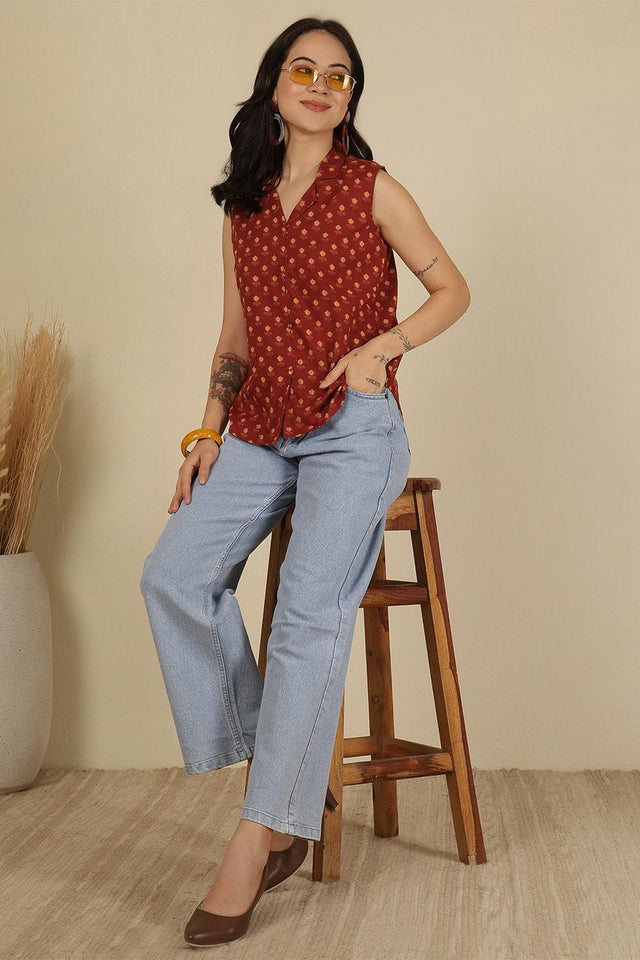 Maroon Printed Cotton Top (AM-HKS1164)