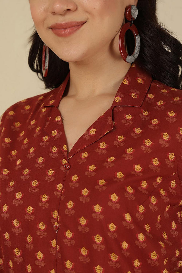 Maroon Printed Cotton Top (AM-HKS1164)