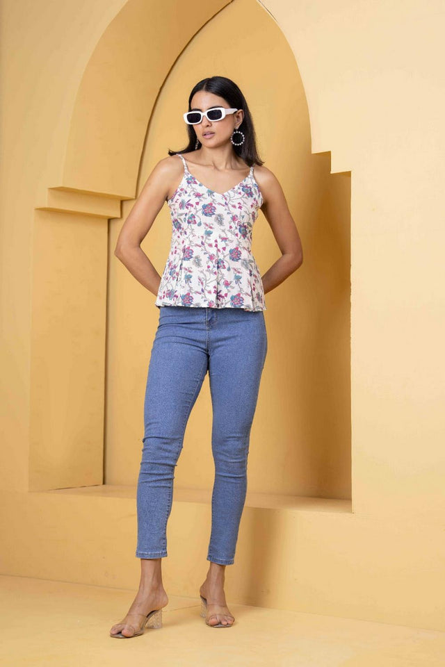 White Printed Cotton Top (AM-HKS1186)