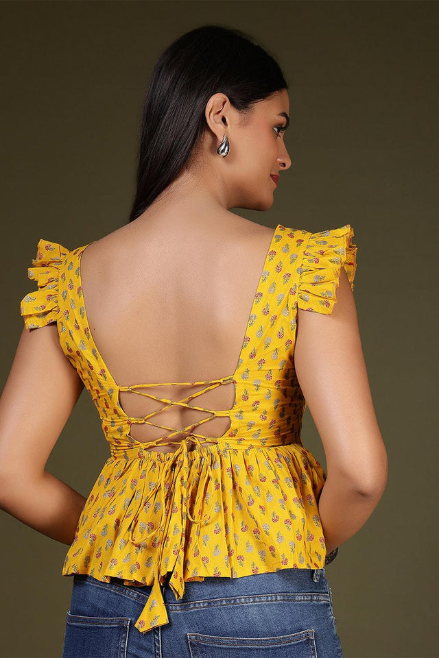 Yellow Printed Cotton Top (AM-HKS1209)