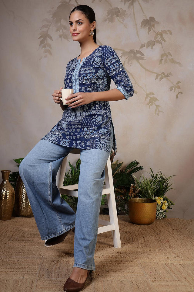 Blue Printed Cotton Tunic (AM-HKS1216)