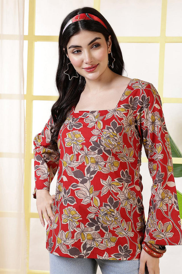 Red Printed Cotton Tunic (AM-HKS1225)