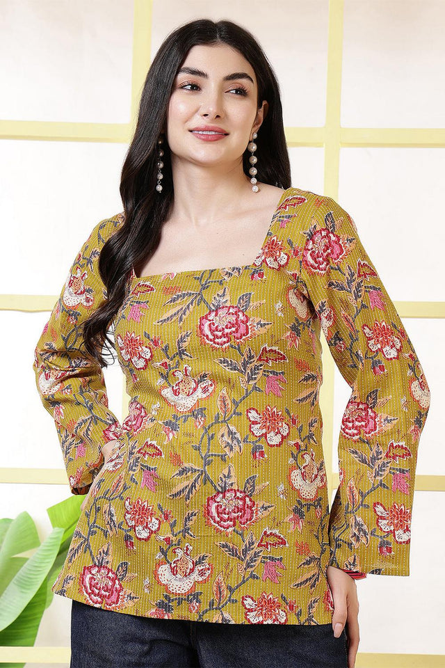 Mustard Printed Cotton Tunic (AM-HKS1226)