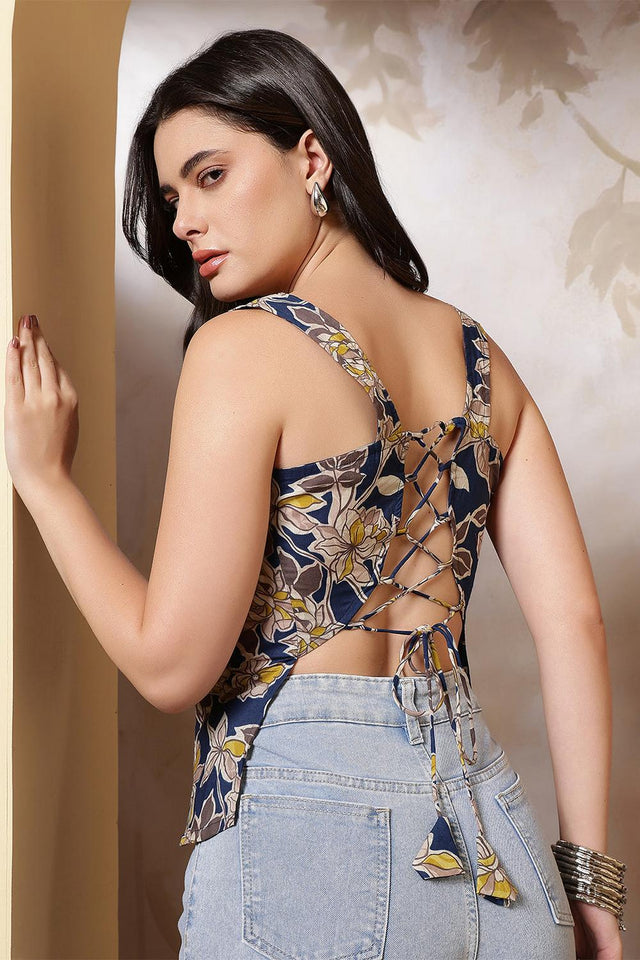 Blue Printed Cotton Top (AM-HKS1260)