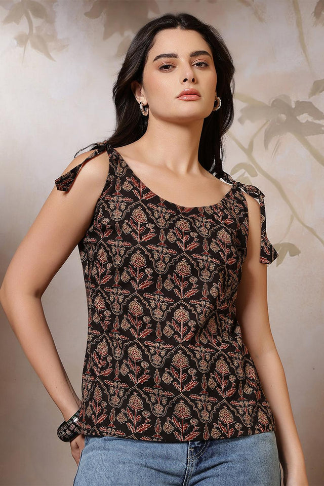 Black Printed Cotton Top (AM-HKS1262)