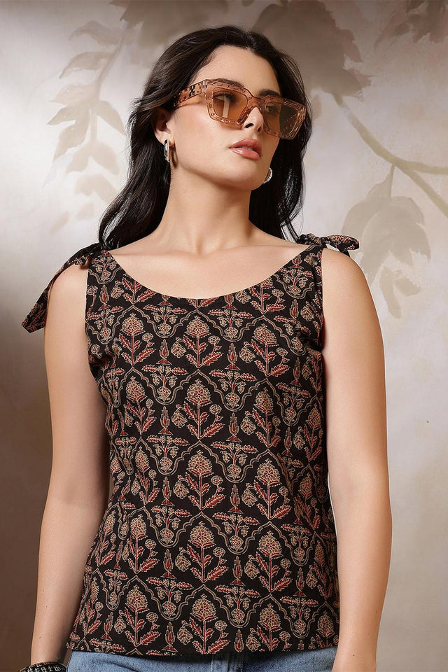 Black Printed Cotton Top (AM-HKS1262)
