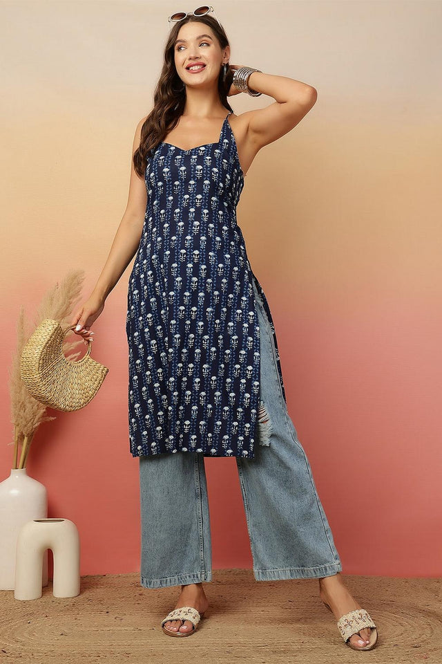 Navy Blue Printed Cotton Kurti (AM-HKS1266)