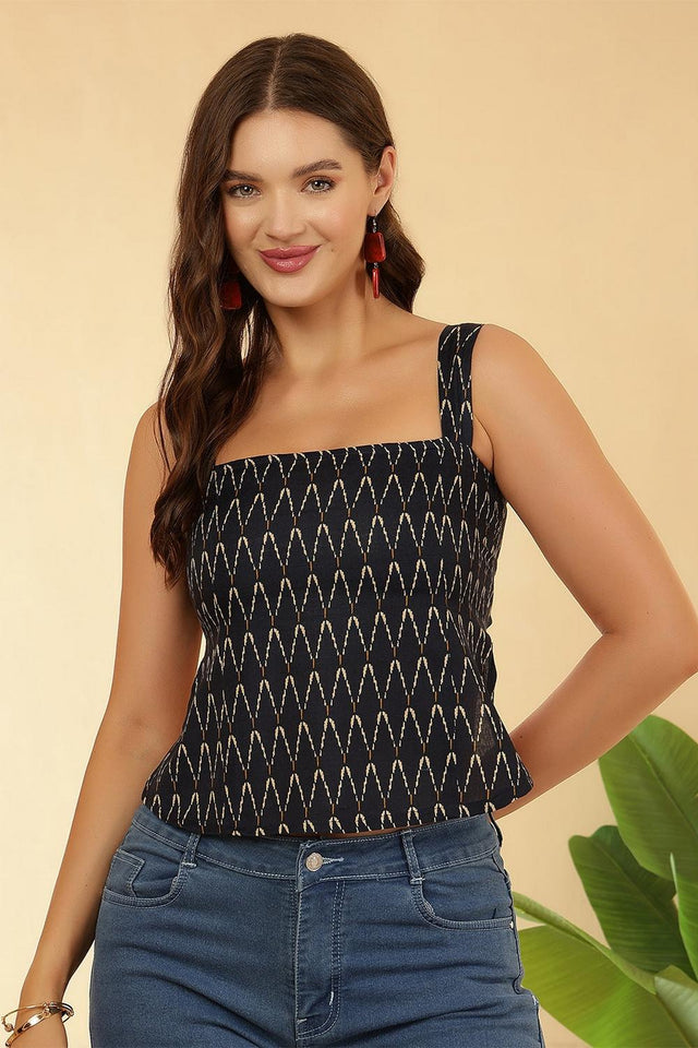Navy Blue Printed Cotton Top (AM-HKS1271)