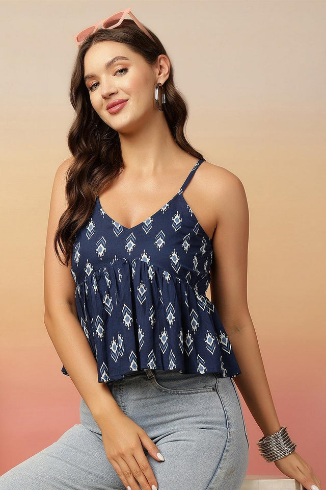 Blue Printed Cotton Top (AM-HKS1275)