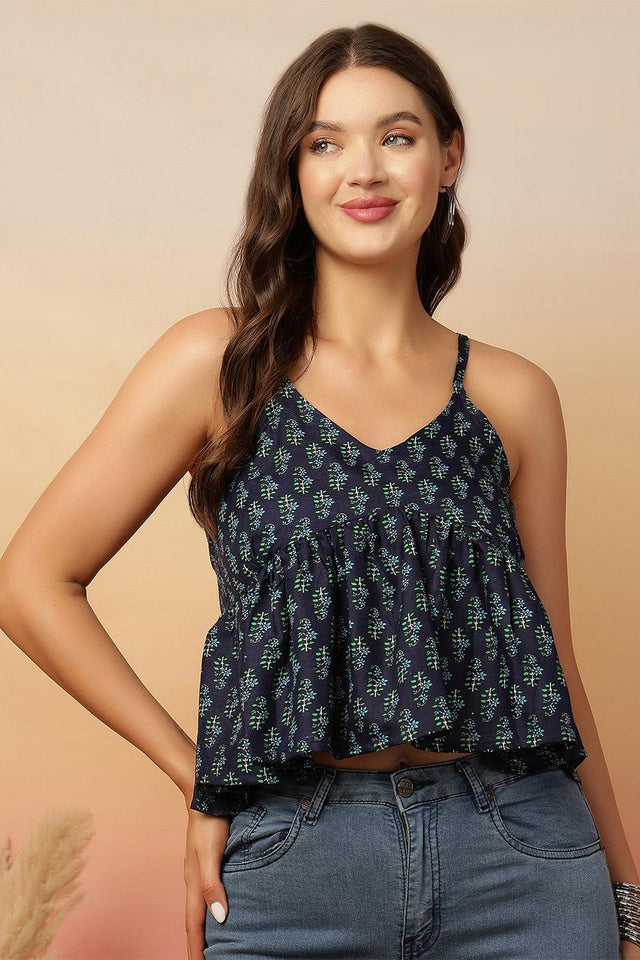 Blue Printed Cotton Top (AM-HKS1276)