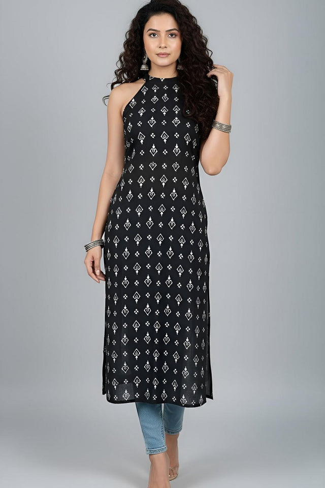 Black Printed Cotton Kurti (AM-HKS1288)