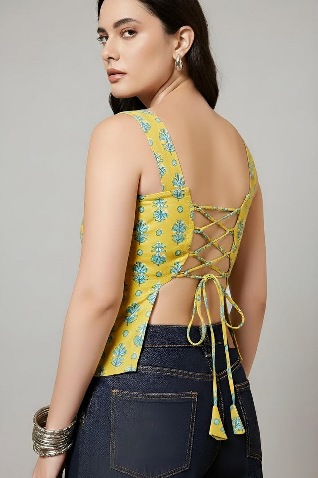 Green Printed Cotton Top (AM-HKS1290)
