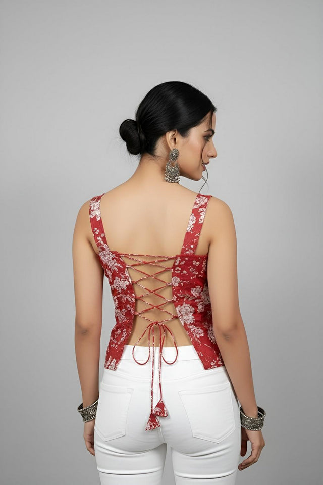 Red Printed Cotton Top (AM-HKS1307)