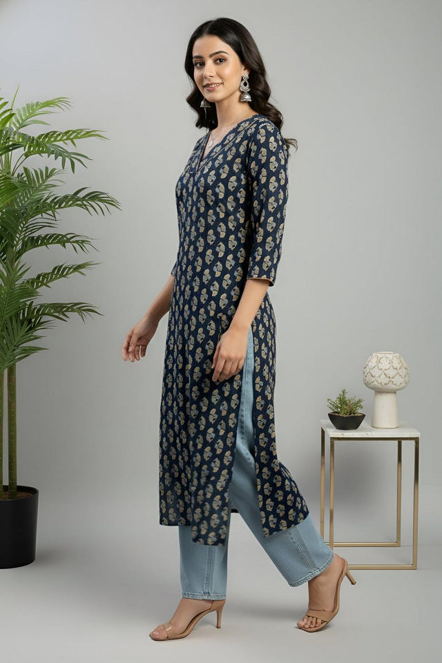 Blue Printed Cotton Kurti (AM-HKS1310)