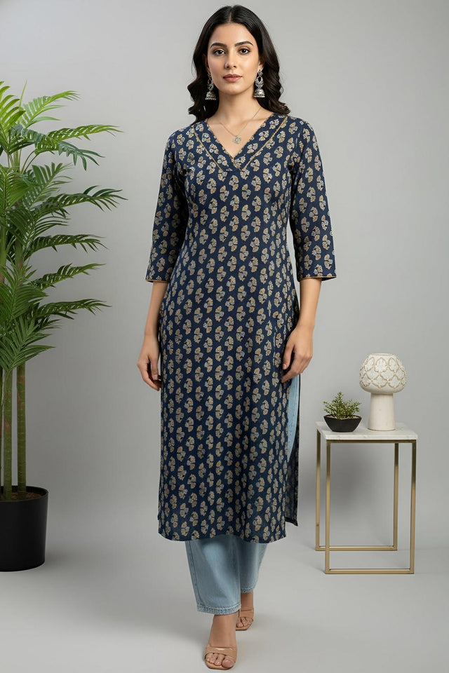 Blue Printed Cotton Kurti (AM-HKS1310)