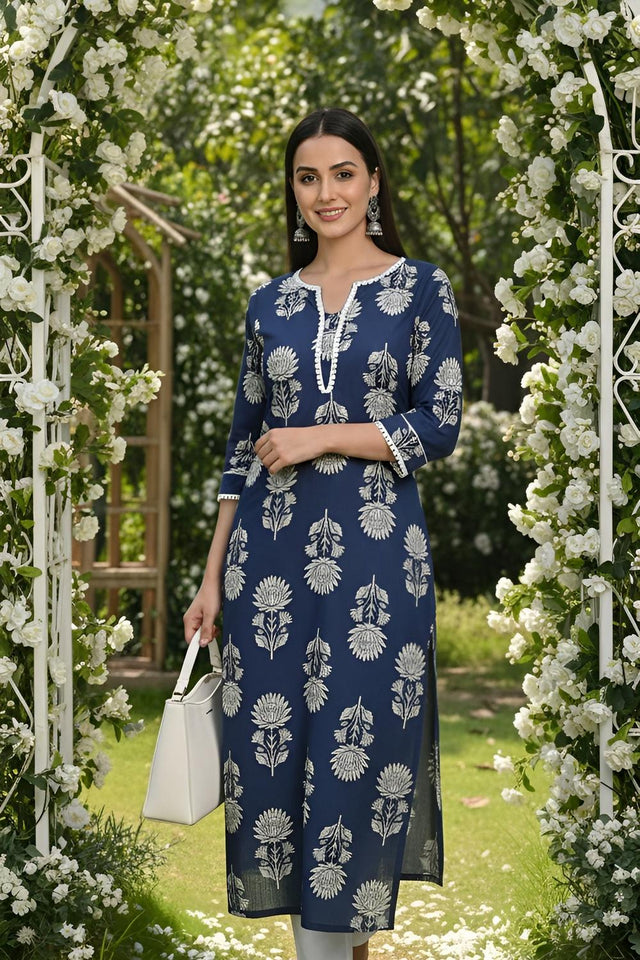 Blue Printed Cotton Kurti (AM-HKS1313)