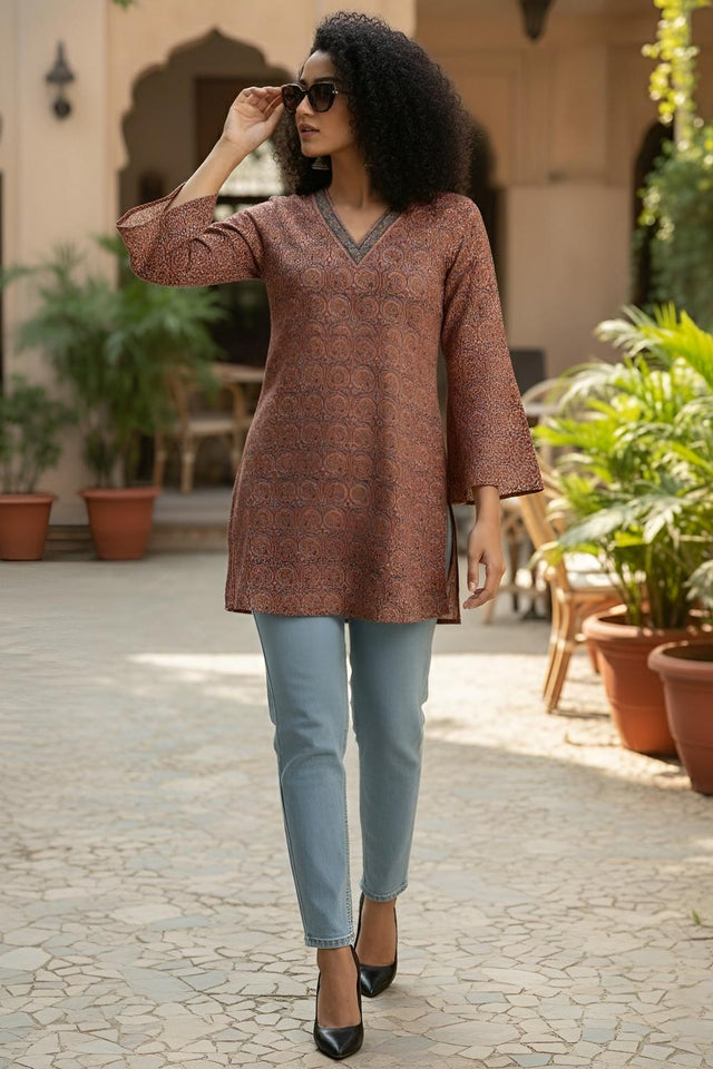 Maroon Printed Cotton Tunic (AM-HKS1320)