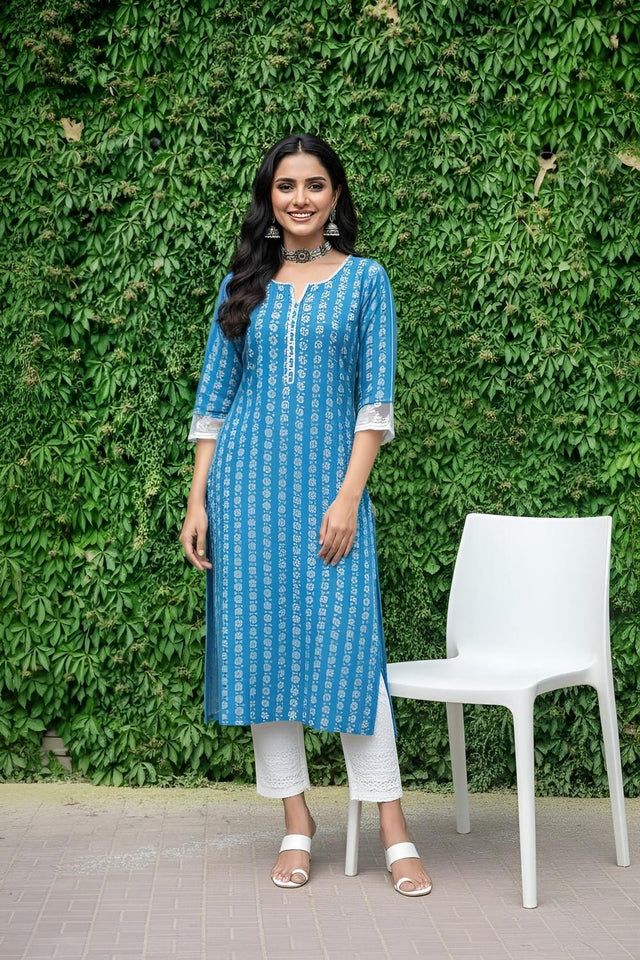 Blue Printed Cotton Kurti (AM-HKS1321)