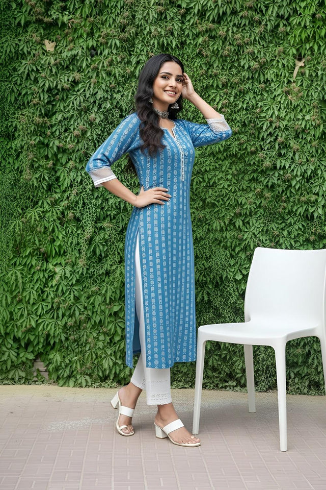 Blue Printed Cotton Kurti (AM-HKS1321)