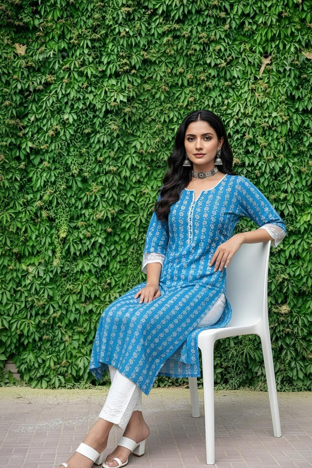 Blue Printed Cotton Kurti (AM-HKS1321)