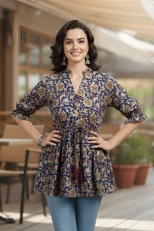 Blue Printed Cotton Tunic (AM-HKS1326)