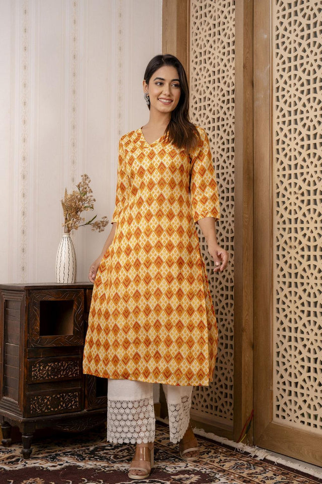 Yellow Printed Cotton Blend Kurti (AM-JSR0019)