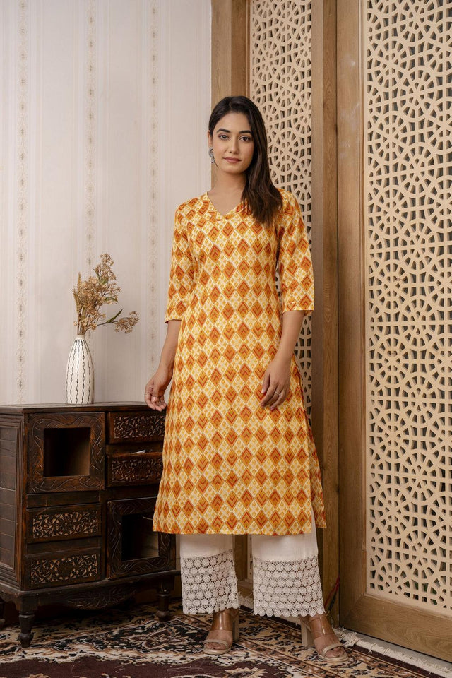 Yellow Printed Cotton Blend Kurti (AM-JSR0019)