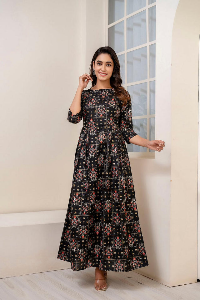 Black Printed Cotton Blend Dress (AM-JSR0071)