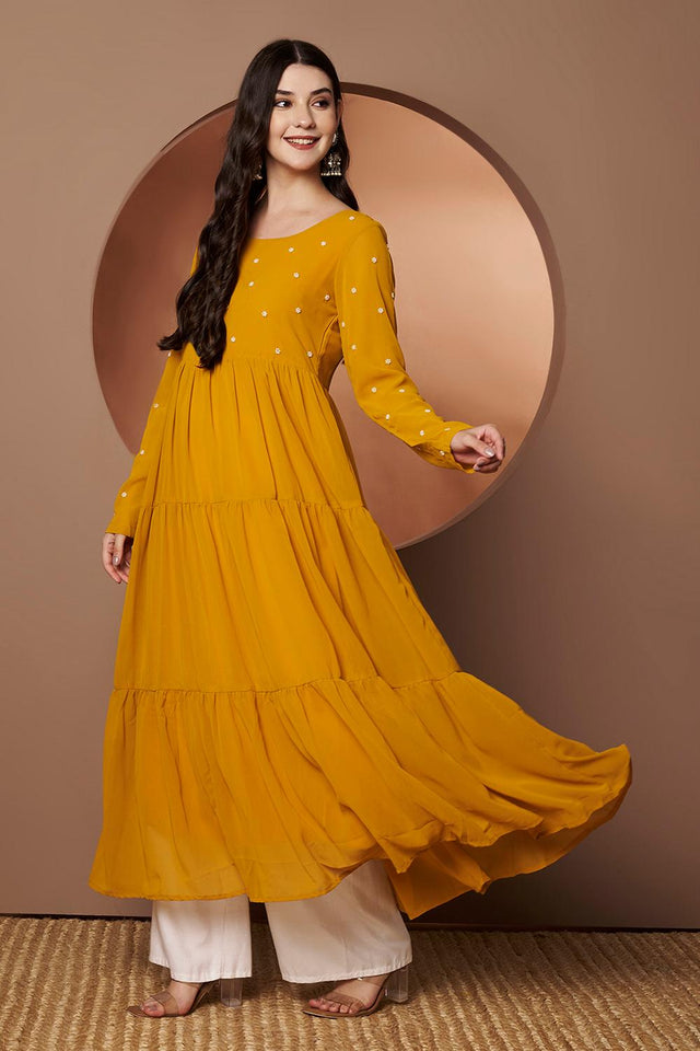 Yellow Embroidered Georgette Kurti (AM-P-470-Yellow)