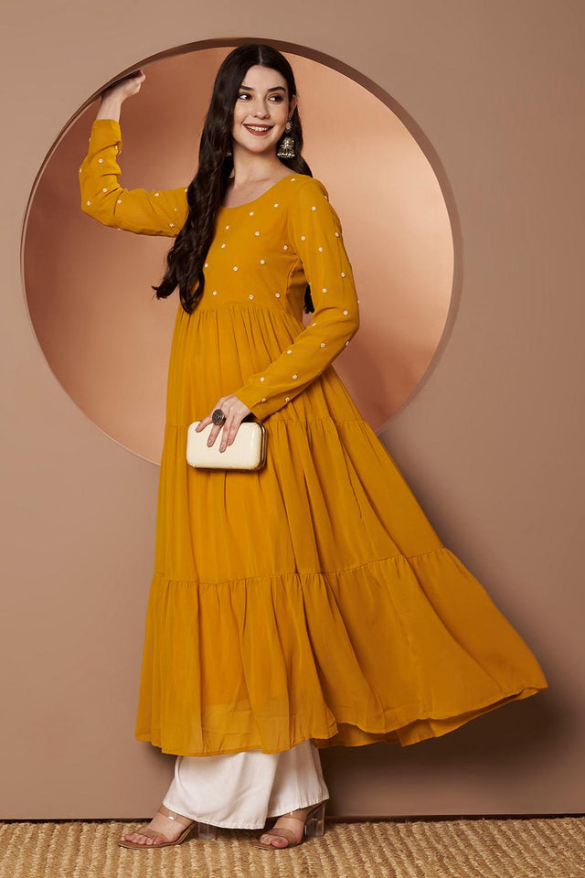 Yellow Embroidered Georgette Kurti (AM-P-470-Yellow)