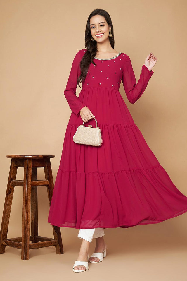 Pink Embroidered Georgette Kurti (AM-P-491-Pink)
