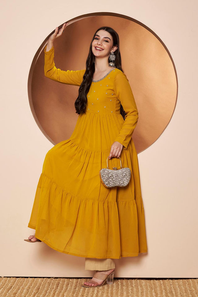Mustard Embroidered Georgette Kurti (AM-P-491ustard)